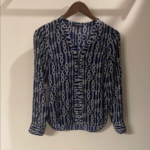 Express Blue and White Long Sleeve Blouse with Mandarin Collar
